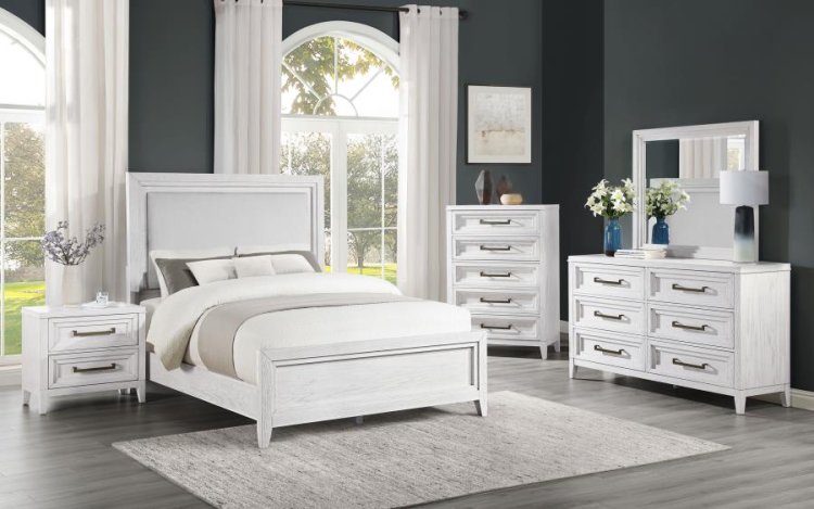Modal Additional Images for Marielle Queen Upholstered Panel Bed Distressed White