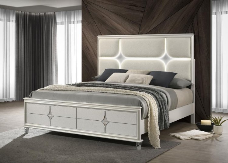 Olivia Eastern King Panel Bed LED Headboard Pearl White